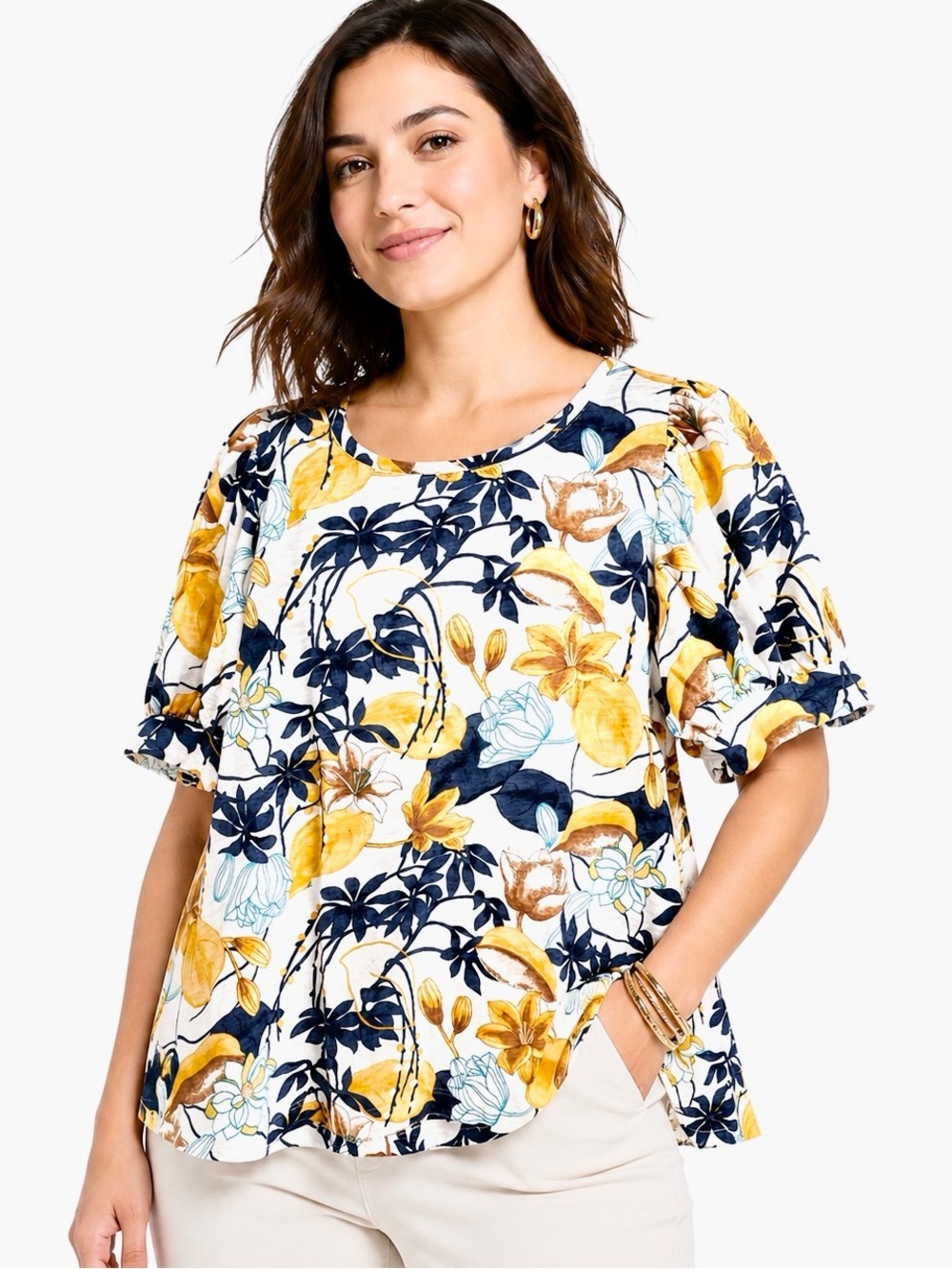 Chico's M Tropical Puff Sleeve Slub Tee garden print cotton cottagecore retro